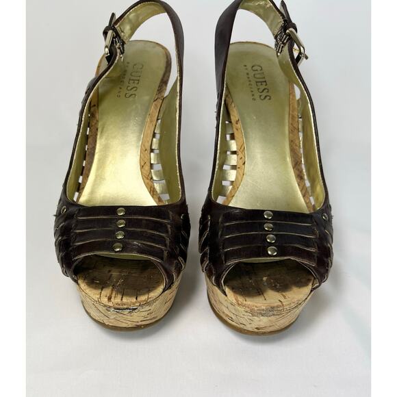 Guess Jarrett Brown Strappy Leather Cork Platform Chunky Heels - Picture 1 of 6